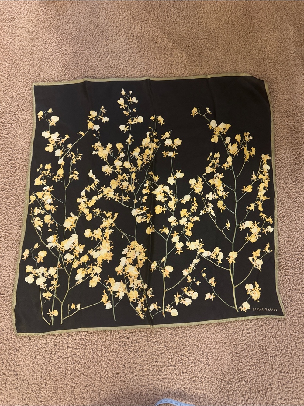 Anne Klein Black Silk Scarf with Yellow Floral Spray